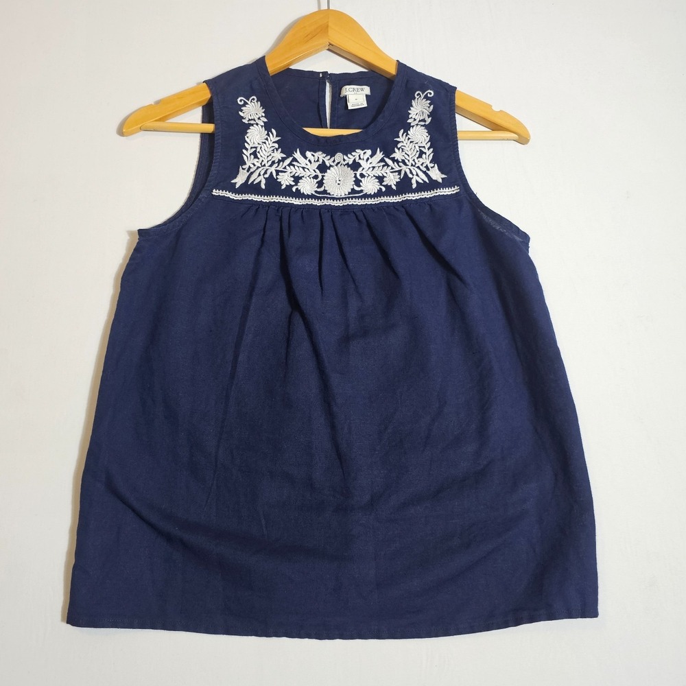 .Crew Sleeveless Embroidered Pleated Blouse Top Women's 0 Navy Blue Linen Boho